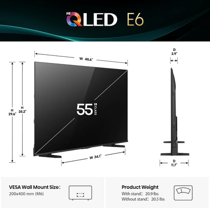 Hisense 55" E6 Cinema Series Hi-QLED 4K UHD Smart Fire TV (55E6QF) - AI Light Sensor, Dolby Vision Atmos, Voice Remote with Alexa, Motion Rate 120, HDR 10+ Adaptive, Game Mode Plus