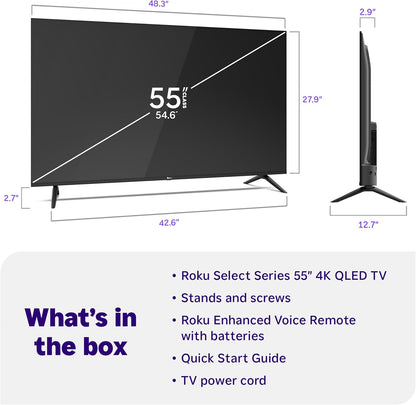 Roku 55-Inch Select Series Smart TV 2026 - 4K QLED TV - Roku TV | Flat Screen QLED Television with Voice Remote, Wi-Fi & Bluetooth Headphone Mode - Streaming Live Local News, Sports, & Movies