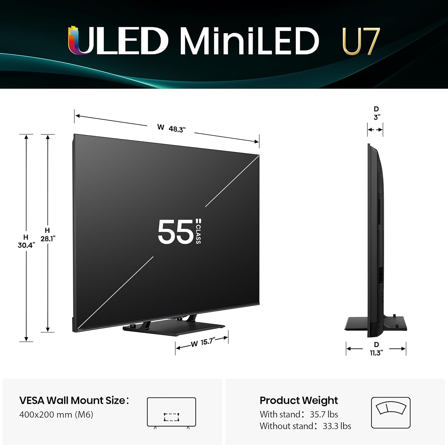 Hisense 55" U7 Mini-LED ULED 4K UHD Best Premium Gaming Google Smart TV (55U75QG, 2025 Model) - QLED, Native 165Hz, VRR 288, Up to 3000 Nits, HDR10+, Dolby Vision IQ · Atmos, IMAX Enhanced, 2.1.2 Ch