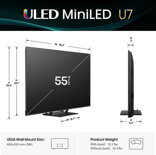 Hisense 55" U7 Mini-LED ULED 4K UHD Best Premium Gaming Google Smart TV (55U75QG, 2025 Model) - QLED, Native 165Hz, VRR 288, Up to 3000 Nits, HDR10+, Dolby Vision IQ · Atmos, IMAX Enhanced, 2.1.2 Ch