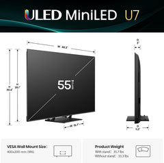 Hisense 55" U7 Mini-LED ULED 4K UHD Best Premium Gaming Google Smart TV (55U75QG, 2025 Model) - QLED, Native 165Hz, VRR 288, Up to 3000 Nits, HDR10+, Dolby Vision IQ · Atmos, IMAX Enhanced, 2.1.2 Ch