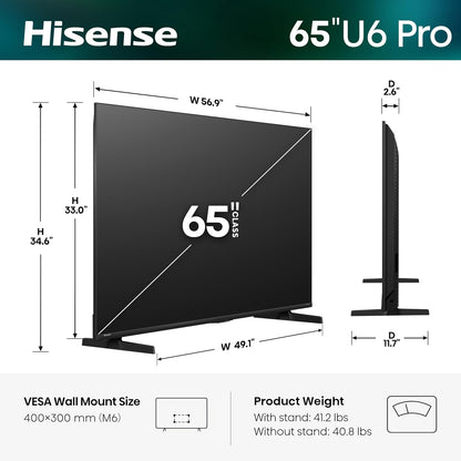 Hisense 65" U6 Series Mini-LED ULED 4K UHD HDR Gaming AI Smart Fire TV (65U6SF) - Hi-QLED, Native 144Hz, Motion Rate 480, Dolby Vision Atmos, HDR10+