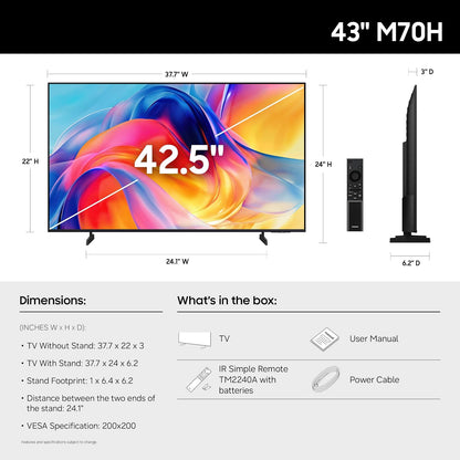 Samsung 43-Inch Class M70H Series, Mini LED, 4K, Smart TV, 2026 Model | Samsung Vision AI Companion, Mini LED Processor 4K, Pure Spectrum Color, Endless Free Content, Motion Xcelerator + DLG 120Hz