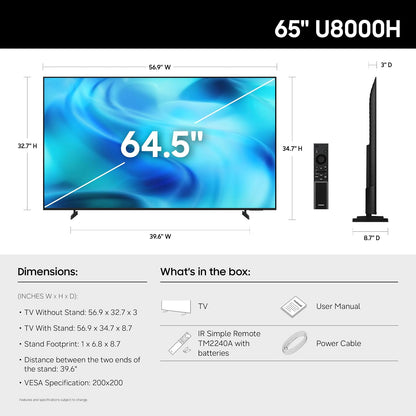 Samsung 65-Inch Class U8000H Series Crystal UHD, 4K, Smart TV, 2026 Model | Samsung Vision AI Companion, Crystal Processor 4K, Endless Free Content, Motion Xcelerator, Color Booster, 4K Upscaling