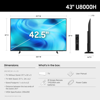 Samsung 43-Inch Class U8000H Series Crystal UHD, 4K, Smart TV, 2026 Model | Samsung Vision AI Companion, Crystal Processor 4K, Endless Free Content, Motion Xcelerator, Color Booster, 4K Upscaling