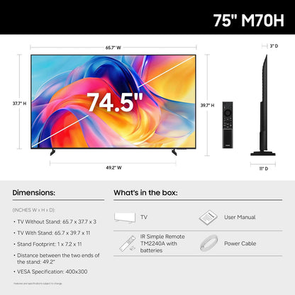 Samsung 75-Inch Class M70H Series, Mini LED, 4K, Smart TV, 2026 Model | Samsung Vision AI Companion, Mini LED Processor 4K, Pure Spectrum Color, Endless Free Content, Motion Xcelerator + DLG 120Hz