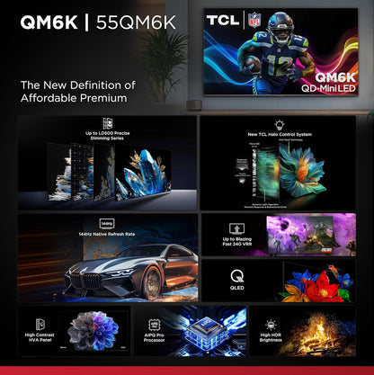TCL 55 Inch Class QM6K Series Mini LED QLED 4K HDR 120HZ-144HZ High Brightness Smart Google TV, Dolby Atmos Onkyo Audio, Voice Remote Alexa Gaming Streaming Television