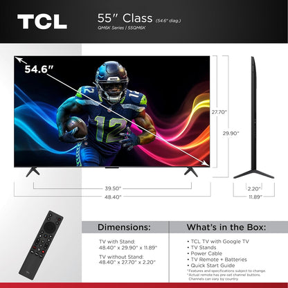 TCL 55 Inch Class QM6K Series Mini LED QLED 4K HDR 120HZ-144HZ High Brightness Smart Google TV, Dolby Atmos Onkyo Audio, Voice Remote Alexa Gaming Streaming Television