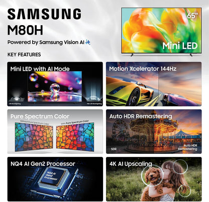 Samsung 65-Inch Class M80H Series, Mini LED, 4K, Smart TV, 2026 Model | Samsung Vision AI, Mini LED with AI Mode, Motion Xcelerator 144Hz, Pure Spectrum Color, Auto HDR Remastering, Alexa Built-in