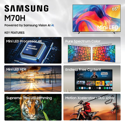 Samsung 65-Inch Class M70H Series, Mini LED, 4K, Smart TV, 2026 Model | Samsung Vision AI Companion, Mini LED Processor 4K, Pure Spectrum Color, Endless Free Content, Motion Xcelerator + DLG 120Hz
