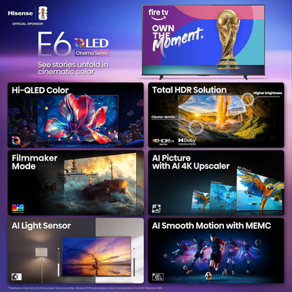 Hisense 55" E6 Cinema Series Hi-QLED 4K UHD Smart Fire TV (55E6QF) - AI Light Sensor, Dolby Vision Atmos, Voice Remote with Alexa, Motion Rate 120, HDR 10+ Adaptive, Game Mode Plus