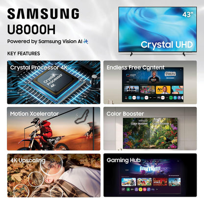 Samsung 43-Inch Class U8000H Series Crystal UHD, 4K, Smart TV, 2026 Model | Samsung Vision AI Companion, Crystal Processor 4K, Endless Free Content, Motion Xcelerator, Color Booster, 4K Upscaling