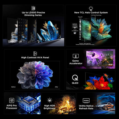 TCL 55 Inch Class QM6K Series Mini LED QLED 4K HDR 120HZ-144HZ High Brightness Smart Google TV, Dolby Atmos Onkyo Audio, Voice Remote Alexa Gaming Streaming Television